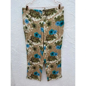 White Stag Womens Drawstring Slacks Tropical Floral Pants Tan Blue Sz XL 16/18